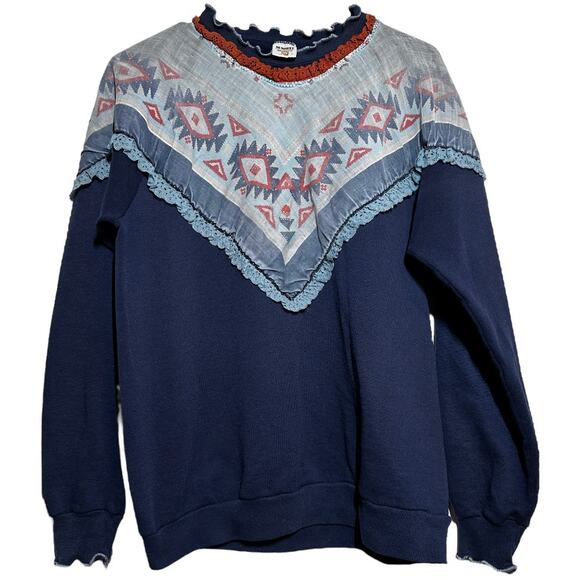VTG Sunbelt Sportswear Sweatshirt Double Collar Geometric Lace Scallop Navy L - Picture 1 of 4